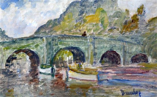 Ronald Dunlop (1894-1973) Figure on a stone bridge, 10 x 15in.